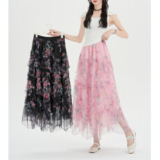 批发现 实拍实价  不规则印花高腰<b class='q'>半身裙</b>女新款大摆网纱显瘦长裙