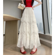 批发现 实拍实价 <b class='q'>网纱</b>钉珠半身裙女新款高腰A字中长款蛋糕裙