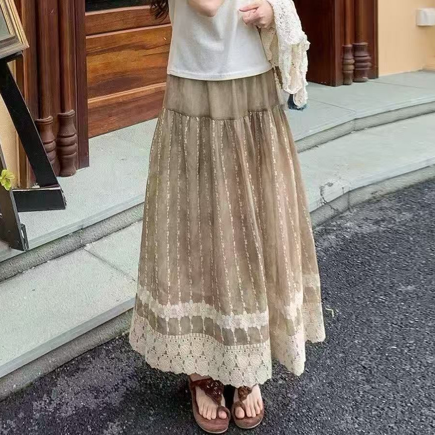 지금 정가 케이크 롱 스커트 반신 스커트 여성 품격 밴딩 하이웨이스트 자수 꽃무늬 치마