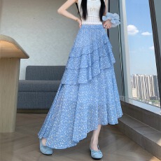 批发优质现 实拍实价 蓝色休闲碎花<b class='q'>半身裙</b>女a字裙<b class='q'>不规则</b>蛋糕裙