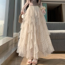 批发现 实拍实价 仙女网纱蓬蓬波点半身裙女<b class='q'>高腰</b>A字蛋糕裙