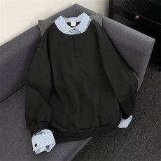 批发2025潮牌<b class='q'>港风</b>拼色长袖Polo衫男刺绣字母美式复古宽松半拉链卫衣