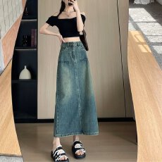 批发复古高腰牛仔半身裙女2025<b class='q'>春</b>夏御姐风遮胯显瘦后开叉中长款A字裙