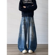 批发复古水洗蓝色猫须弯刀<b class='q'>牛仔</b>裤男女微喇宽松阔腿拖地镰刀裤直筒<b class='q'>哈伦</b>