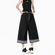 批发实拍美式复古高街黑色排扣毛边<b class='q'>牛仔</b>七分裤<b class='q'>男</b>女宽松显瘦阔情侣<b class='q'>短裤</b>