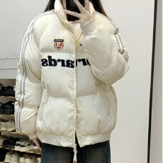 批发实拍美式冬季立领刺绣条纹棉衣外套女<b class='q'>宽松</b>保暖运动面包服情侣外套