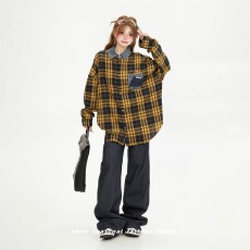 批发美式复古小众拼接牛仔格子衬衫新款女宽松休闲情侣设计感外套潮