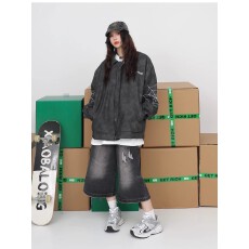 批发春秋美式蜘蛛刺绣女pu皮夹克情侣拉链休闲宽松百搭<b class='q'>街头</b>棒球服外套