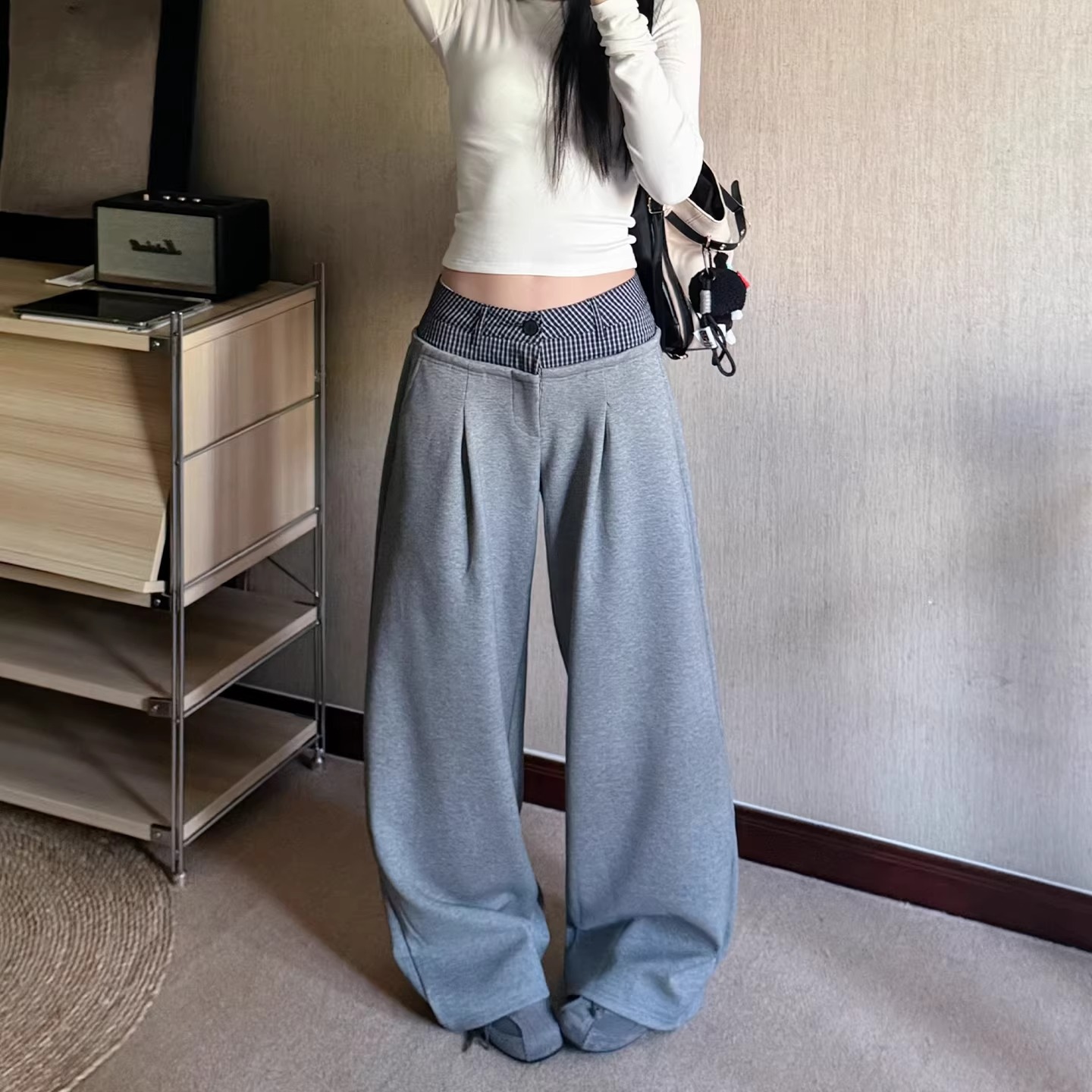 아메리칸 레트로 더블 허리 머리 캐주얼 두꺼움 면 바지 남녀 스트레이트 커플 루즈핏 느긋한 바람 도루 센스 넓은 다리 길이 바지