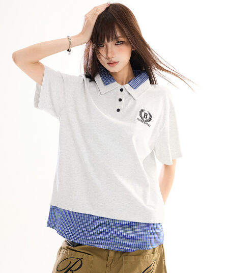 학원 스타일 페이크 레이어드 POLO 셔츠 반팔 티셔츠 다용도 체크무늬 패치워크 폴로 칼라 커플 캐주얼 루즈핏 트렌디 t 맨위