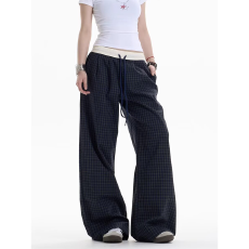 批发春季新款潮牌美式拼色格子直筒宽松运动卫裤男女情侣<b class='q'>休闲</b>高腰长裤