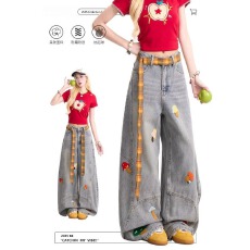 批发美式复古直筒<b class='q'>牛仔裤</b>情侣新款破洞裤子小熊刺绣设计阔腿长裤<b class='q'>男</b>女