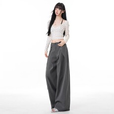 批发灰色条纹阔腿休闲裤<b class='q'>男</b>女新款褶皱设计垂感宽松百搭老钱风西装裤