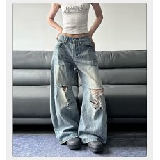 批发美式潮<b class='q'>男</b>女夏季新款个性<b class='q'>牛仔裤</b>嘻哈ins高街潮流痞帅长裤情侣同款