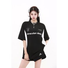 批发美式复古球衣风短袖 T 恤女夏季宽松撞色拼接中长款下衣<b class='q'>运动</b>上衣