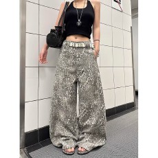 批发美式复古水洗豹纹满印阔腿牛仔裤男女宽松拖地百搭休闲裤工装裤