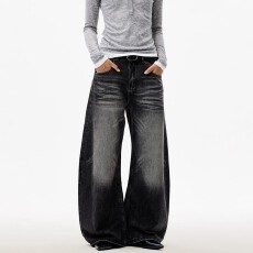 批发美式高街复古痞帅做旧弯刀牛仔裤男女宽松休闲vine阔腿长裤