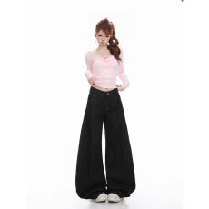 批发美式复古星星水洗弯刀牛仔裤男女春秋夏新款宽松休闲阔腿显瘦长裤