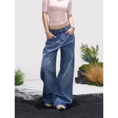 批发美式复古水洗竹节纹牛仔裤男女同款巴黎扣设计宽松阔腿<b class='q'>长裤</b>