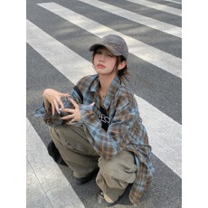 批发美式复古格子长袖衬衫女春夏2026新款慵懒外搭衬衣宽松<b class='q'>薄外套</b>上衣