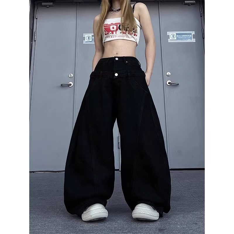 아메리칸 패치워크 레오파드 무늬 더블 머리 허리 남녀 같은 단락 청바지 루즈핏 작은 대중 낙서 넓은 다리 모통이 칼 바지