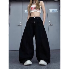 批发美式拼接豹纹双头腰<b class='q'>男</b>女同款牛仔裤宽松小众涂鸦阔腿弯刀<b class='q'>裤子</b>