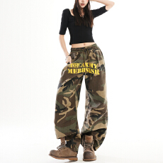 批发美式复古字母印花弯刀迷彩裤女男春秋宽松做旧<b class='q'>松紧</b>腰阔腿牛仔长裤