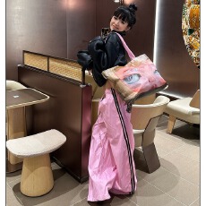 批发美式复古两杠波点字母刺绣抽绳阔腿裤女春夏宽松休闲直筒弯刀长裤