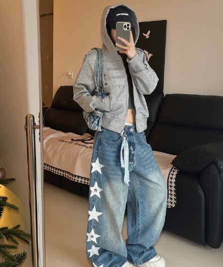 천 스포티 한 별 모통이 칼 파란색 청바지 여성 루즈핏 넓은 다리 스트레이트 워싱 아메리칸 레트로 디자인 센스 바지