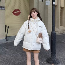 批发小熊波点连帽羽绒棉服<b class='q'>女</b>冬季新款韩系可爱减龄加厚面包服棉衣外套