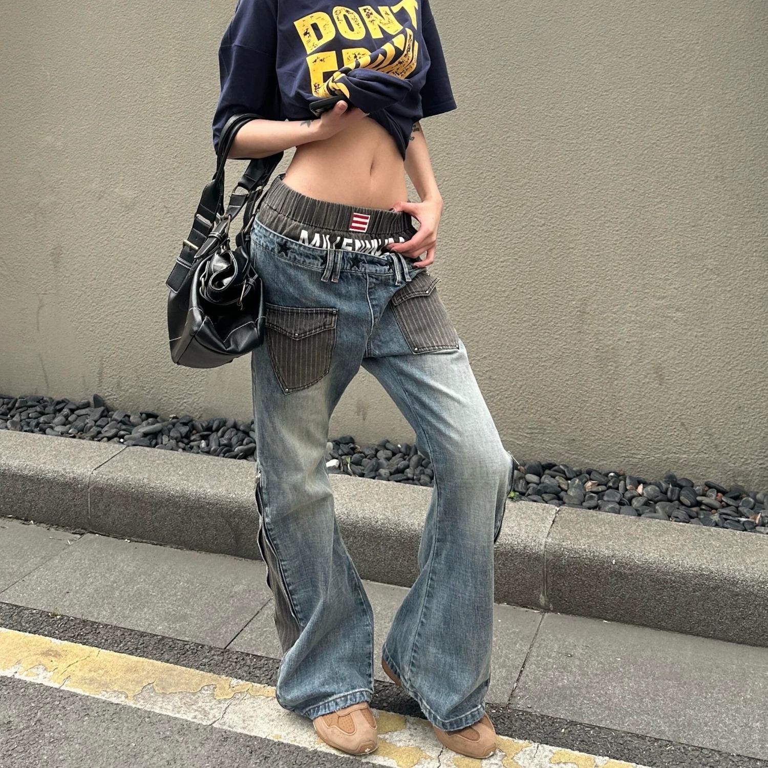 双腰斜面拼接条纹印花绣花窄版baggy街头水洗蓝牛仔裤 服裝批發女裝批發服飾貨源