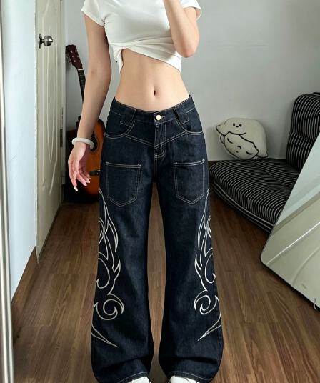 아메리칸 원본 암소 자수 청바지 남녀 레트로 토템 모통이 칼 바지 조수 브랜드 일상 커플 디자인 센스 와이드 레그 팬츠