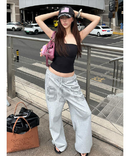 금속 뜨거운 못 거리 루즈핏 웨이 바지 다용도 춤추기 조거 넓은 다리 baggy 캐주얼 긴 바지 여성