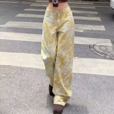 批发辣妹风黄色扎染印花高腰阔腿牛仔裤<b class='q'>春</b>秋多巴胺奶女生小众阔腿裤子