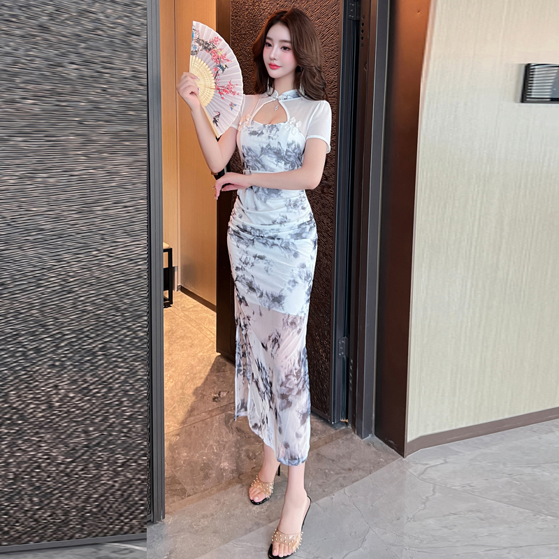FA34673# 新款包臀晚礼服夏季时尚气质碎花旗袍复古连衣裙长裙 服裝批發女裝批發服飾貨源