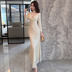 批发实拍+视频 新款高级感气质高端宴会主持人亮片鱼尾连衣裙晚礼服女