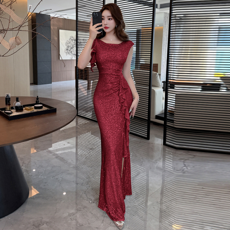 RY2695# 实拍+视频 高端亮片连衣裙女气质高级感宴会开叉鱼尾长裙晚礼...