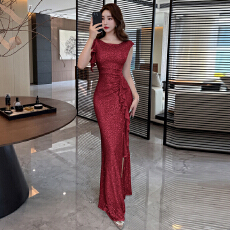 批发实拍+视频 高端亮片连衣裙女气质高级感宴会开叉鱼尾长裙晚礼服