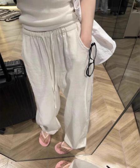화이트 라미 바지 여름 얇은 스타일 워싱 허리밴드 펌프 로프 캐주얼 면 린넨 와이드 레그 팬츠 오래된 돈 바람 아마 바지
