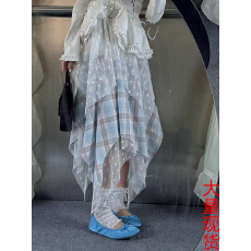 KAKAMEE春款 2026韩式新品小众不规则蕾丝拼接格纹百搭半身裙