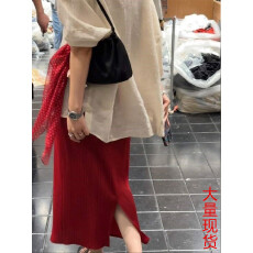 批发韩标棉麻慵懒<b class='q'>半身裙</b>女夏薄款松紧腰宽松开叉中<b class='q'>长款</b>直筒裙