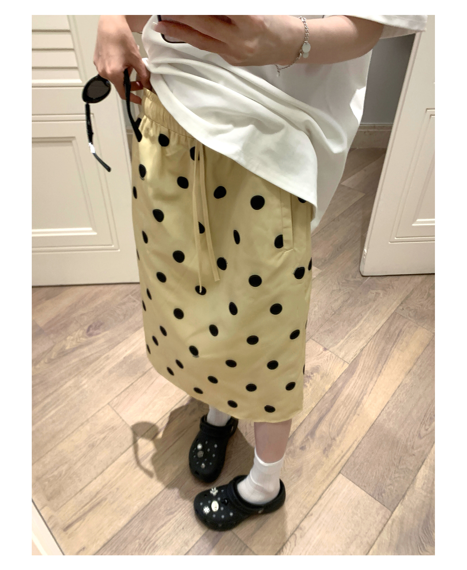 실사 허리밴드 2026 도트 무늬 반신 스커트 여성 여름 슬림해 보이는 황색 치마 중간 길이 스커트