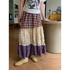 批发实拍 彩色格子拼接半身裙款小众复古撞色减龄高腰显瘦a字伞裙