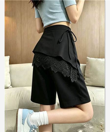 검정색 아마 레이스 방귀 커튼 스트랩 반바지 여성 2026 년 여름 인기 새로운 세련된 외국 가스 와이드 레그 팬츠