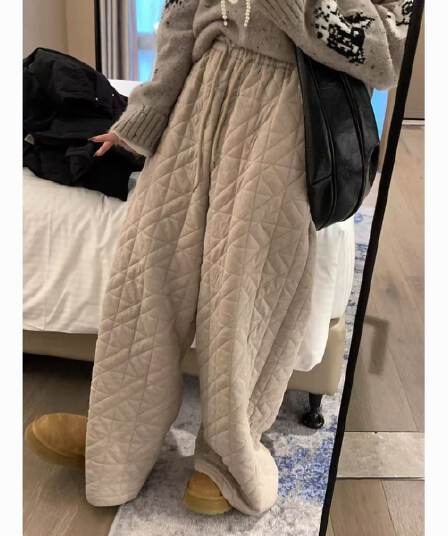느긋한 센스 방한 링 그리드 솜을 넣은 웨이 바지 여성 겨울 한 부서 보온 루즈핏 캐주얼 와이드 레그 팬츠