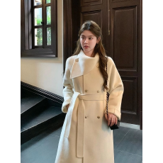 批发秋冬季时尚减龄千金风<b class='q'>羊绒</b><b class='q'>大衣</b>女中长款围巾领羊毛<b class='q'>双面</b>呢外套系带