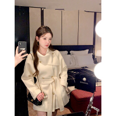 批发千金100羊毛<b class='q'>大衣</b>女2025秋冬韩版<b class='q'>双面</b>呢围脖领系带白色毛呢外套女