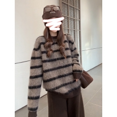 批发复古慵懒风条纹软糯毛衣女秋冬2025新款宽松加厚针织衫宽松上衣潮