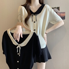 批发实拍~大码洋气娃娃领冰丝短袖<b class='q'>针织衫</b>上衣胖mm显瘦别致正肩t恤