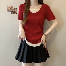 批发实拍~大码撞色圆领假两件针织短袖t恤女夏新款胖mm遮肉显瘦上衣